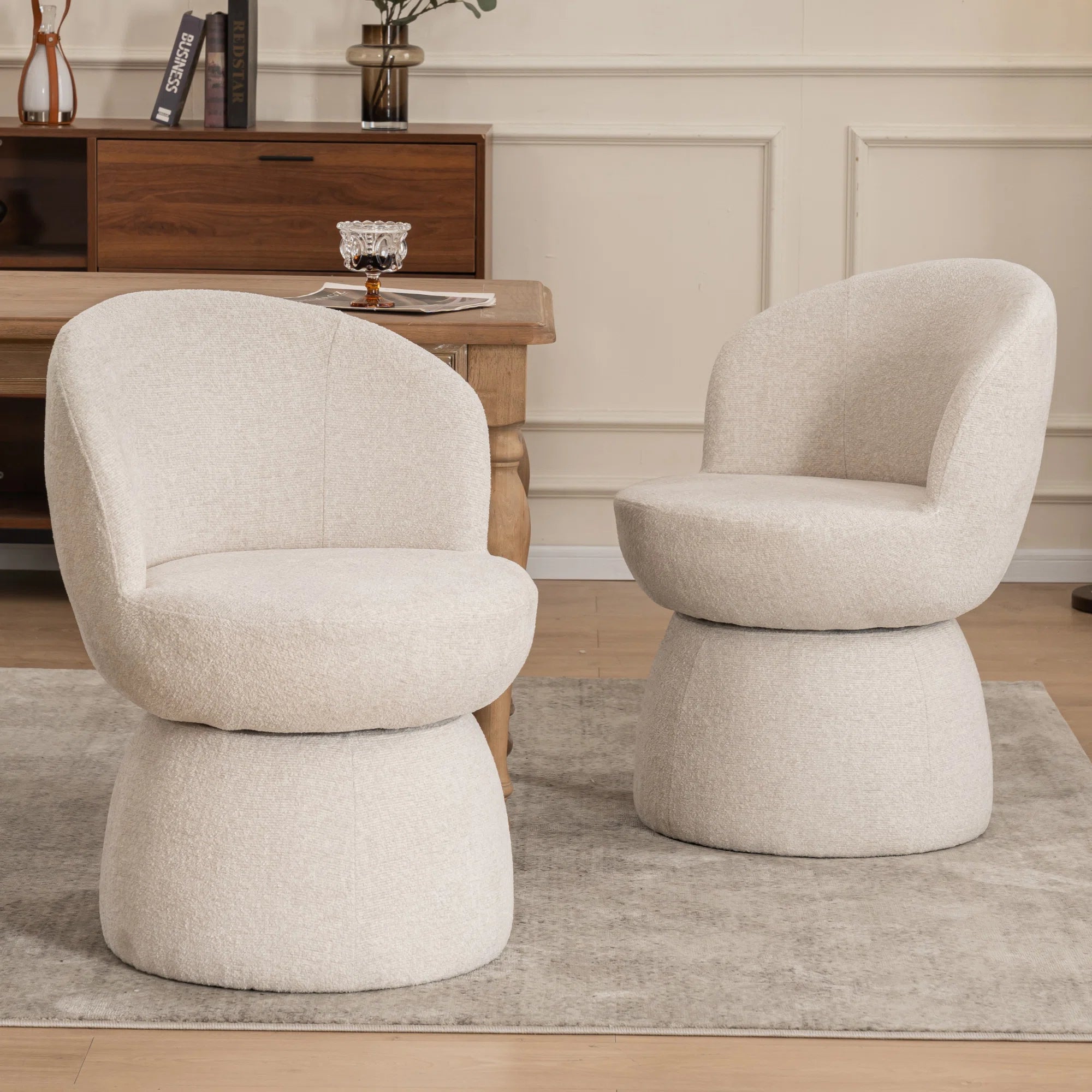 Nuvi Boucle Fabric Swivel Chair In Shell White Colour (Set of 2)