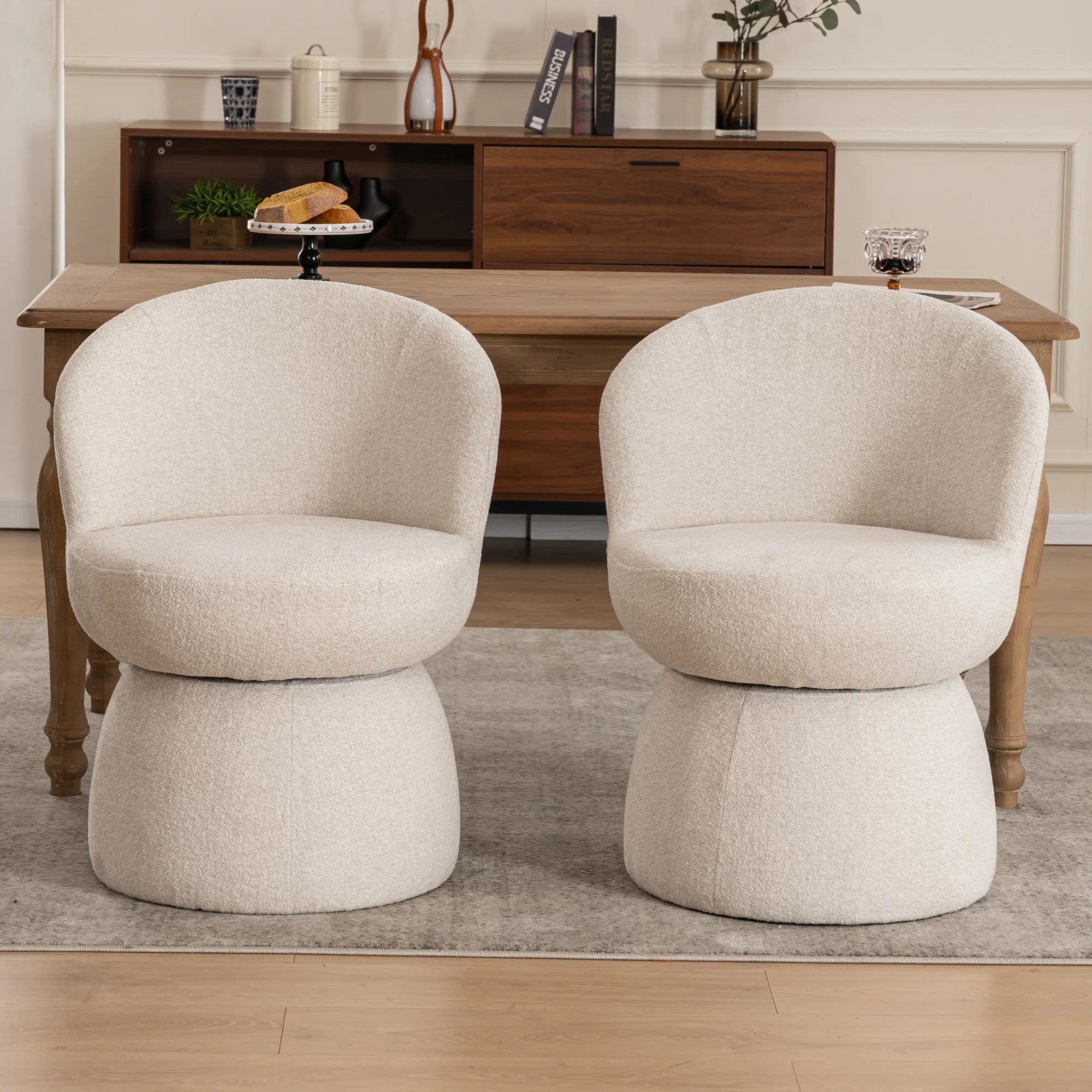 Nuvi Boucle Fabric Swivel Chair In Shell White Colour (Set of 2)
