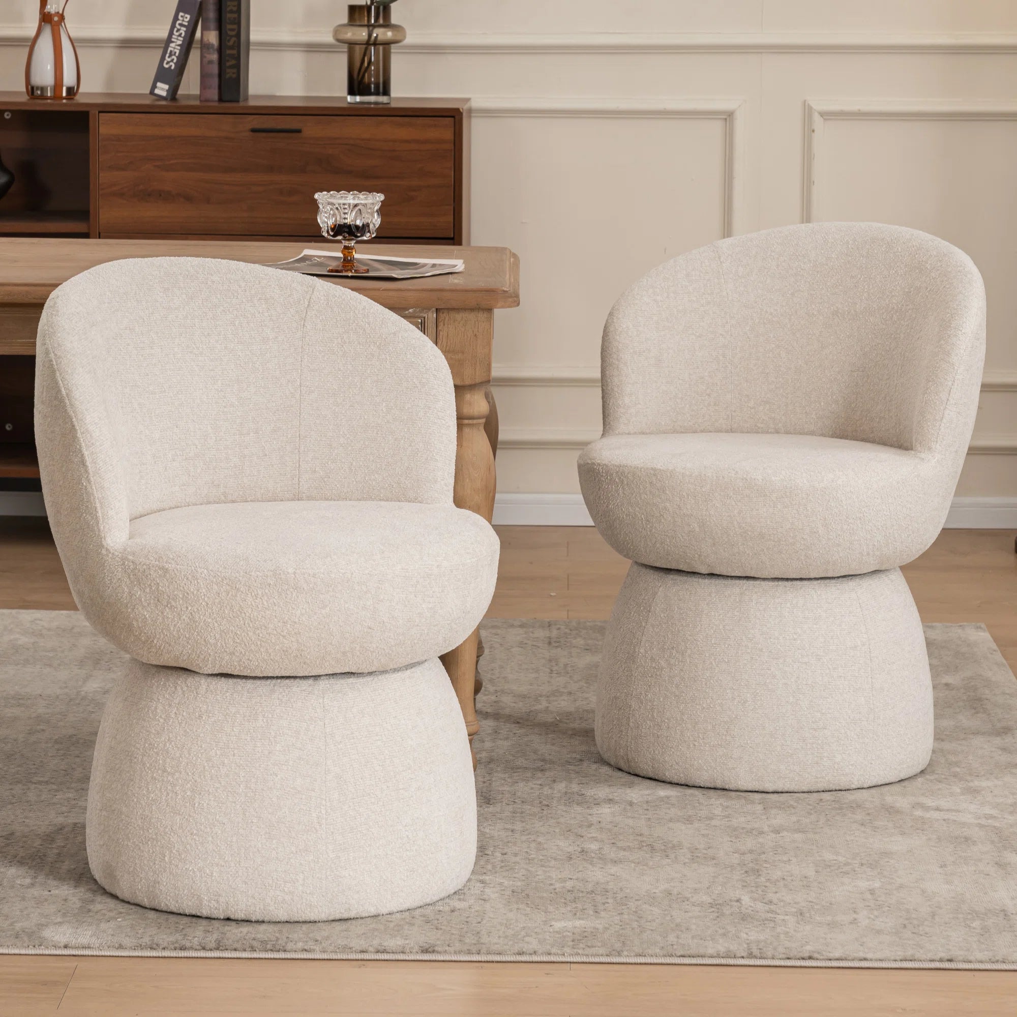 Nuvi Boucle Fabric Swivel Chair In Shell White Colour (Set of 2)