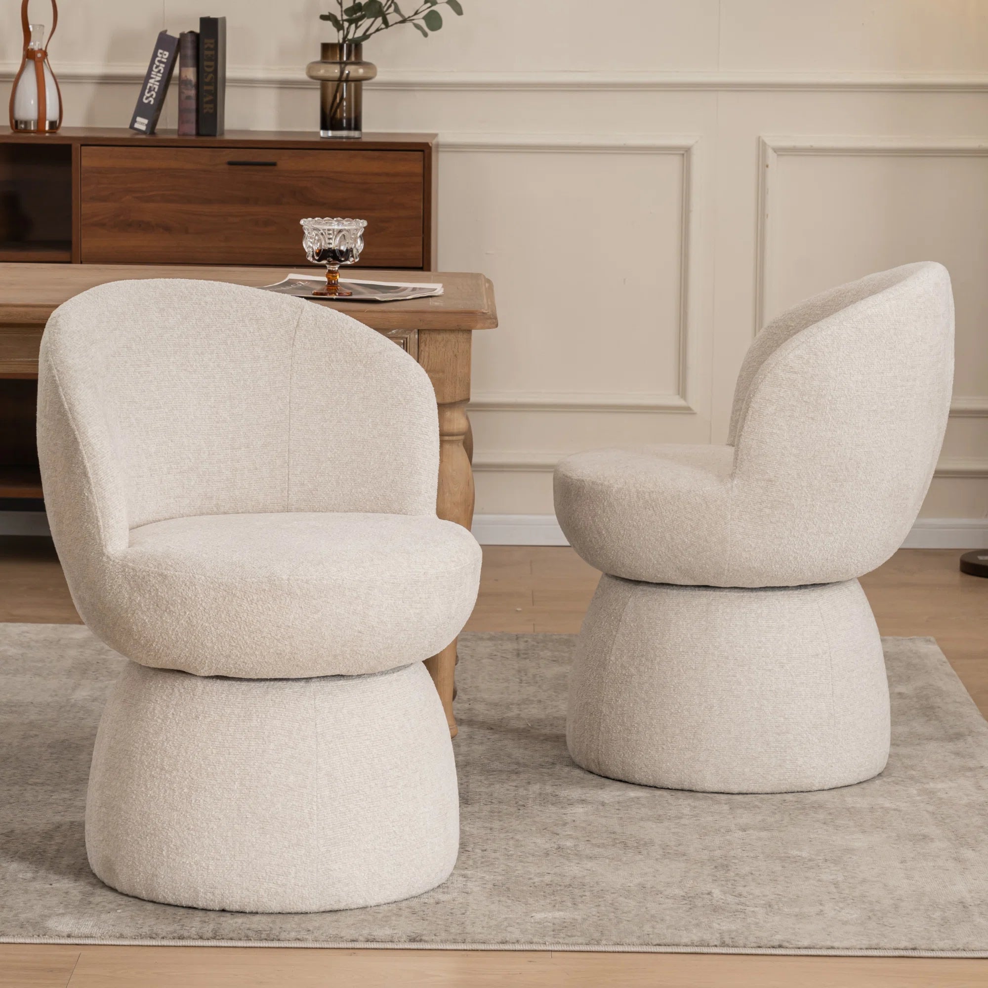 Nuvi Boucle Fabric Swivel Chair In Shell White Colour (Set of 2)
