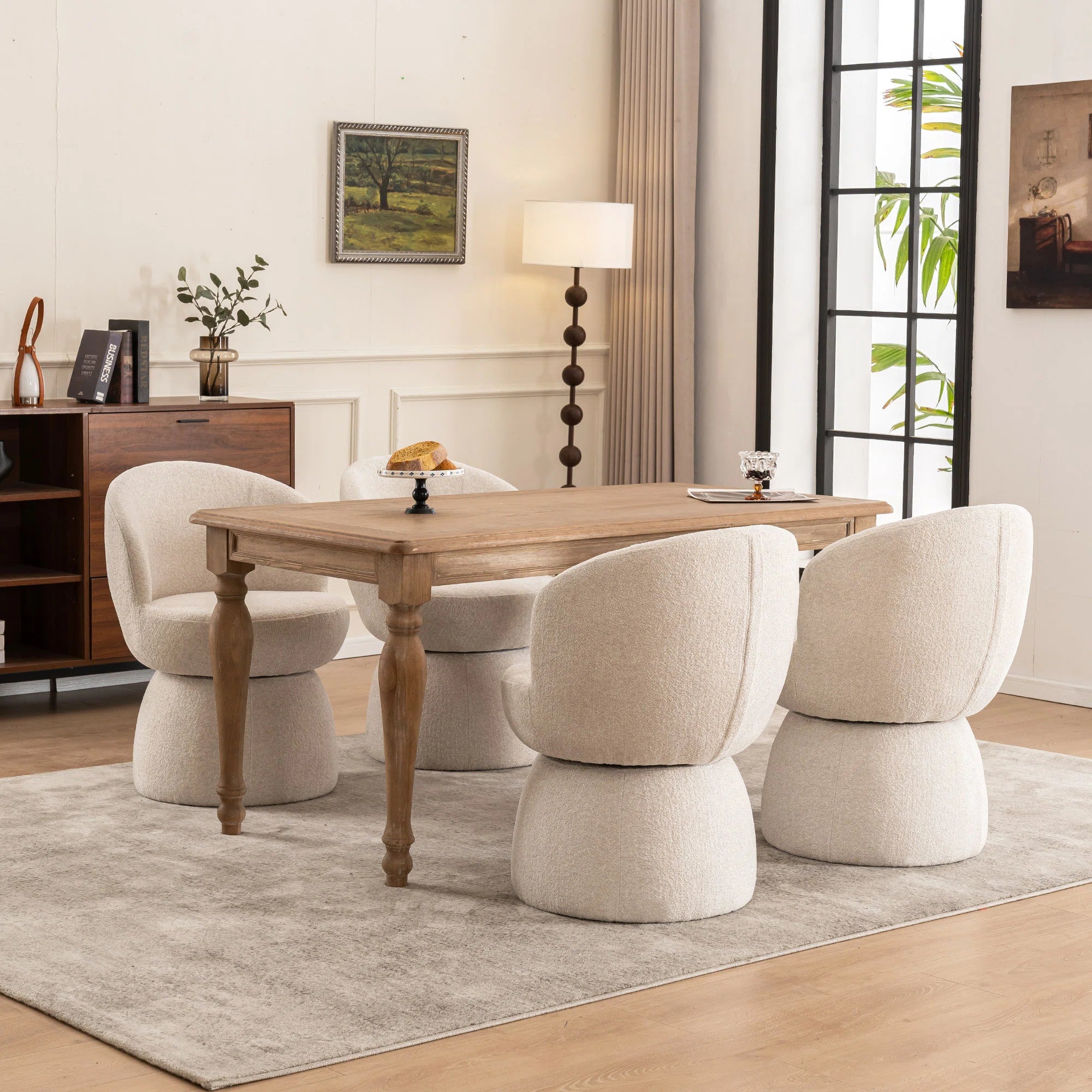 Nuvi Boucle Fabric Swivel Chair In Shell White Colour (Set of 2)