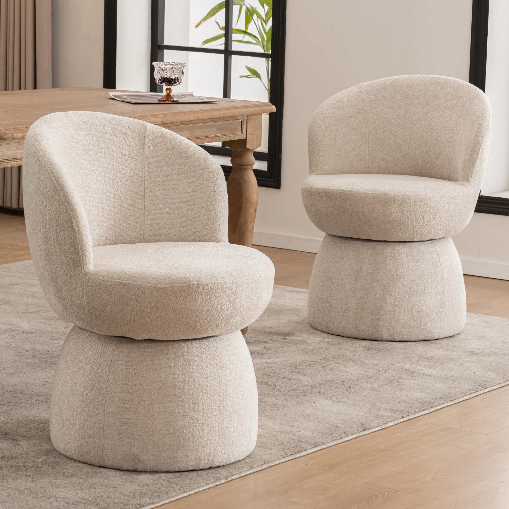 Nuvi Boucle Fabric Swivel Chair In Shell White Colour (Set of 2)