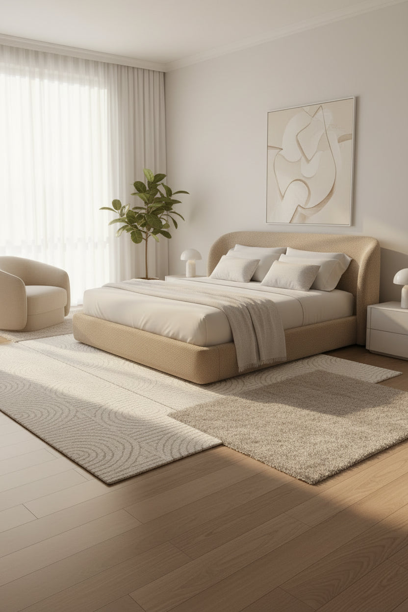 Nyssa Boucle Upholstered Queen Size Bed In Mushroom Beige Colour - Febonic Living