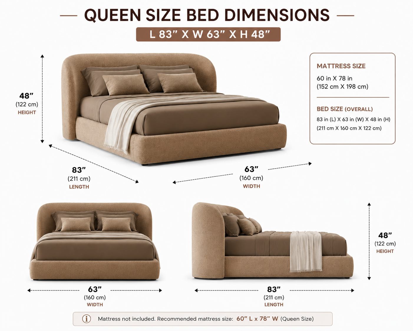 Nyssa Boucle Upholstered Bed with Storage- Mushroom Beige - Dimensions by Febonic Living