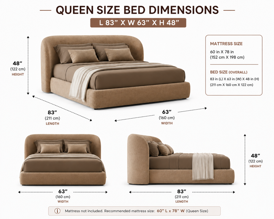 Nyssa Boucle Upholstered Bed with Storage- Mushroom Beige - Dimensions by Febonic Living