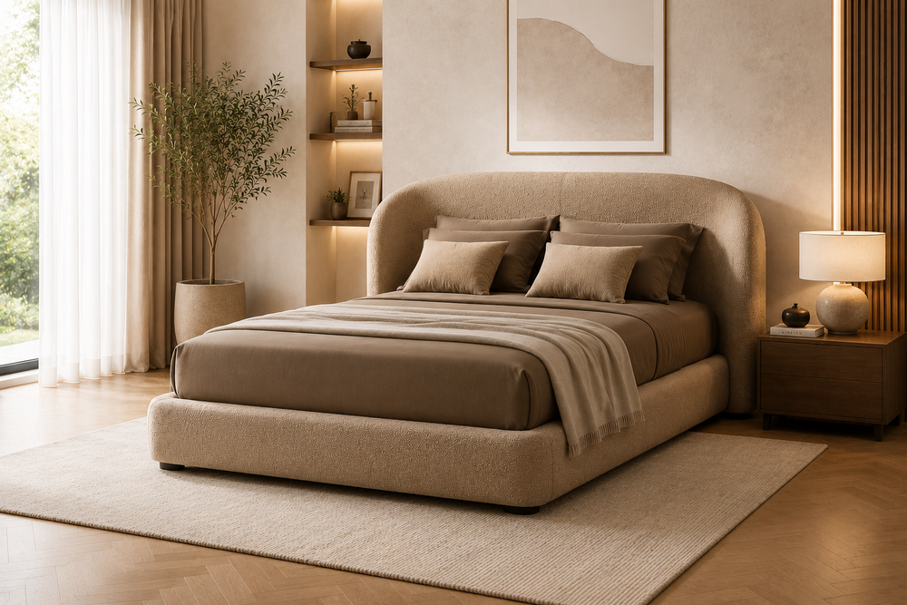 Nyssa Boucle Upholstered Bed with Storage- Mushroom Beige - BedroomView by Febonic Living