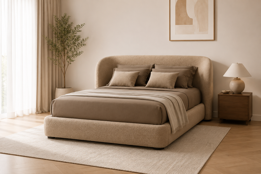 Nyssa Boucle Upholstered Bed with Storage- Mushroom Beige - BedroomView 1 by Febonic Living