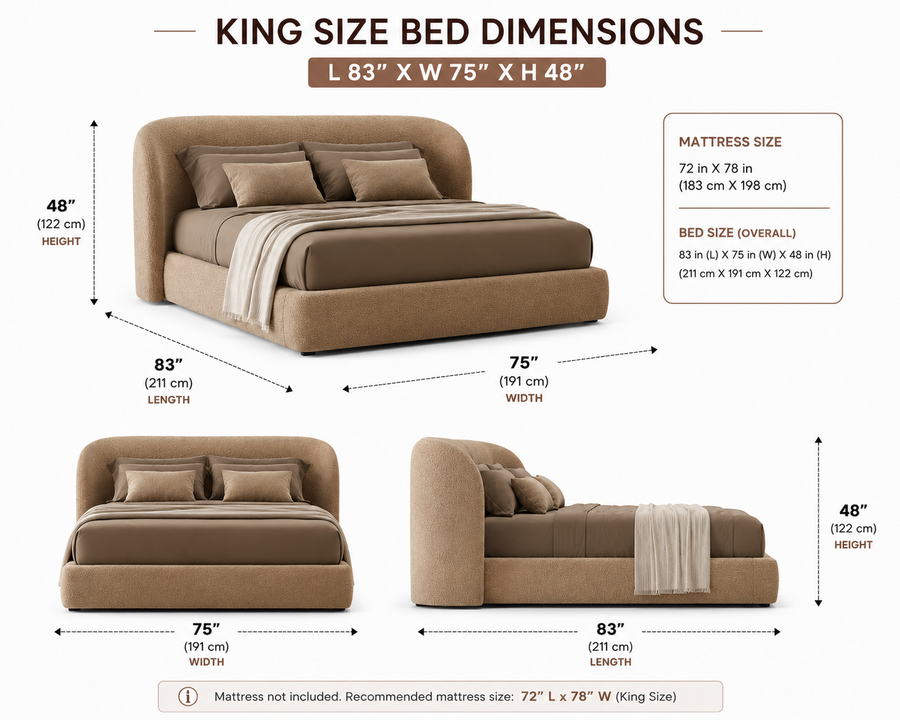 Nyssa Boucle Upholstered Bed with Storage- Mushroom Beige - Dimensions by Febonic Living