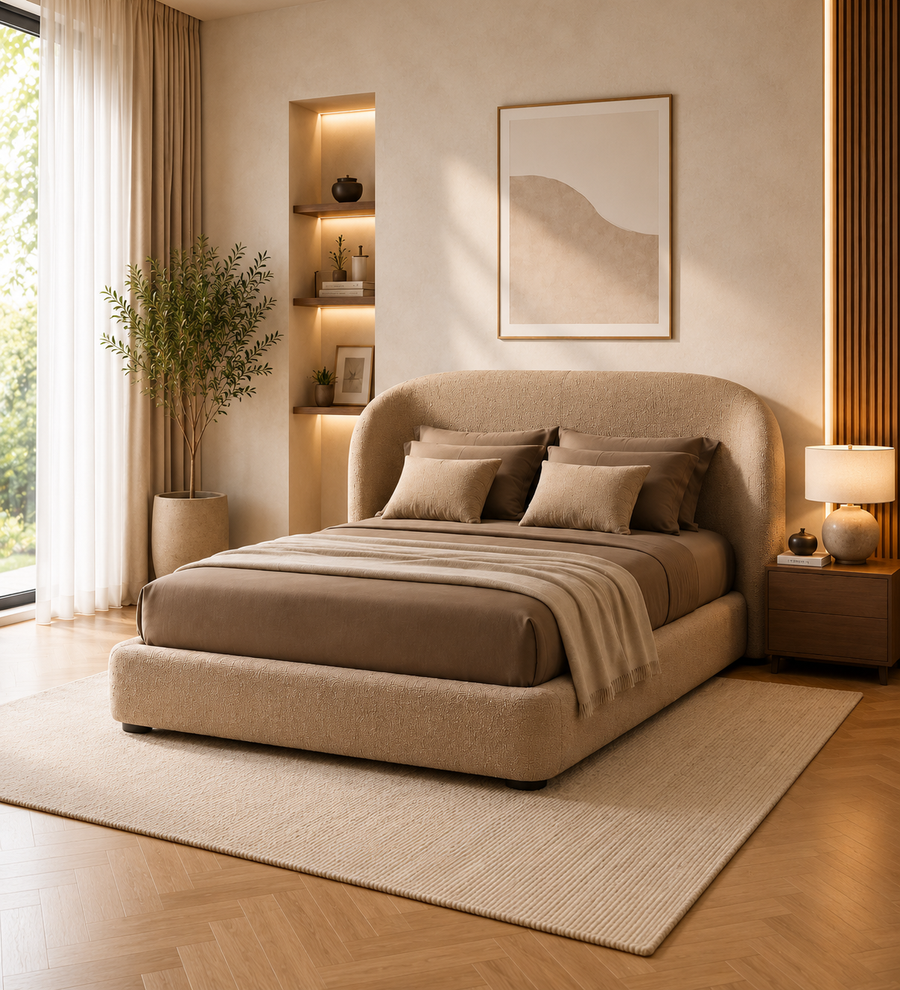 Nyssa Boucle Upholstered King Size Bed with Hydraulic Storage- Mushroom Beige