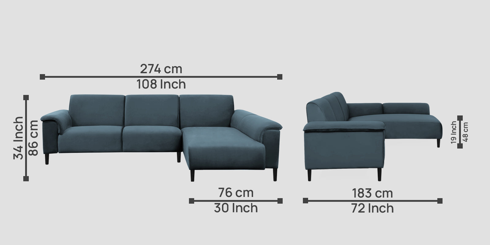Ocean Velvet LHS Sectional Sofa (2+ Lounger) In Oxford Blue Colour - Febonic Living