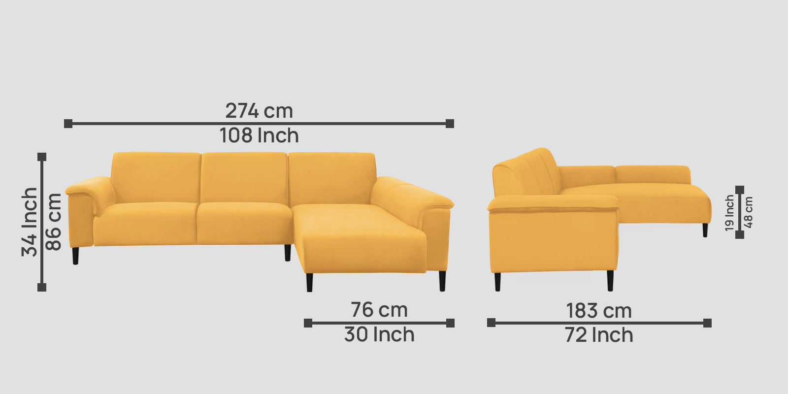 Ocean Velvet LHS Sectional Sofa (2+ Lounger) In Turmeric Yellow Colour - Febonic Living