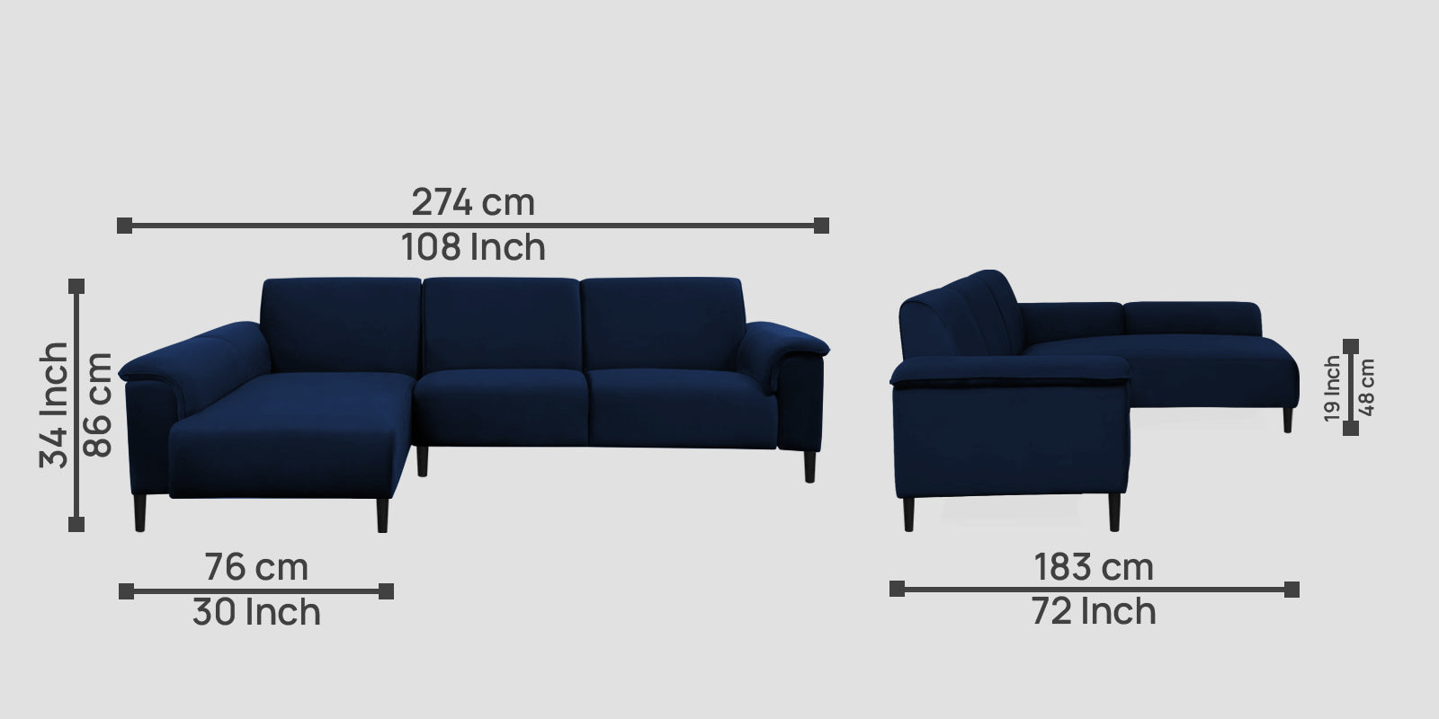 Ocean Velvet RHS Sectional Sofa (2+ Lounger) In Imperial Blue Colour - Febonic Living