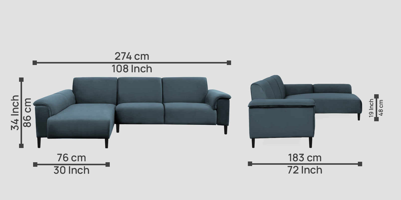 Ocean Velvet RHS Sectional Sofa (2+ Lounger) In Oxford Blue Colour - Febonic Living