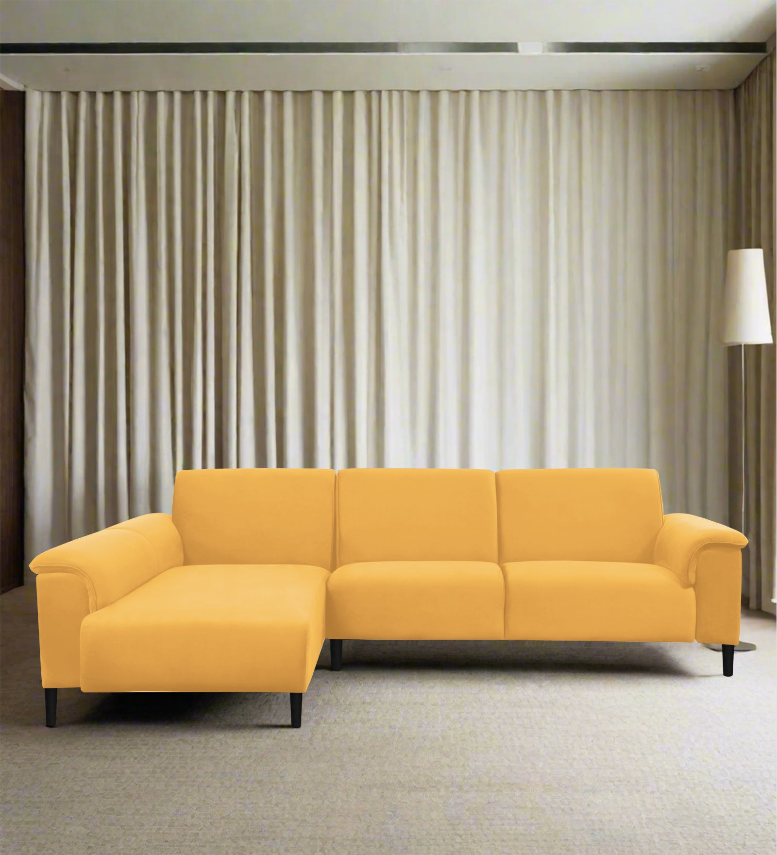 Ocean Velvet RHS Sectional Sofa (2+ Lounger) In Turmeric Yellow Colour - Febonic Living