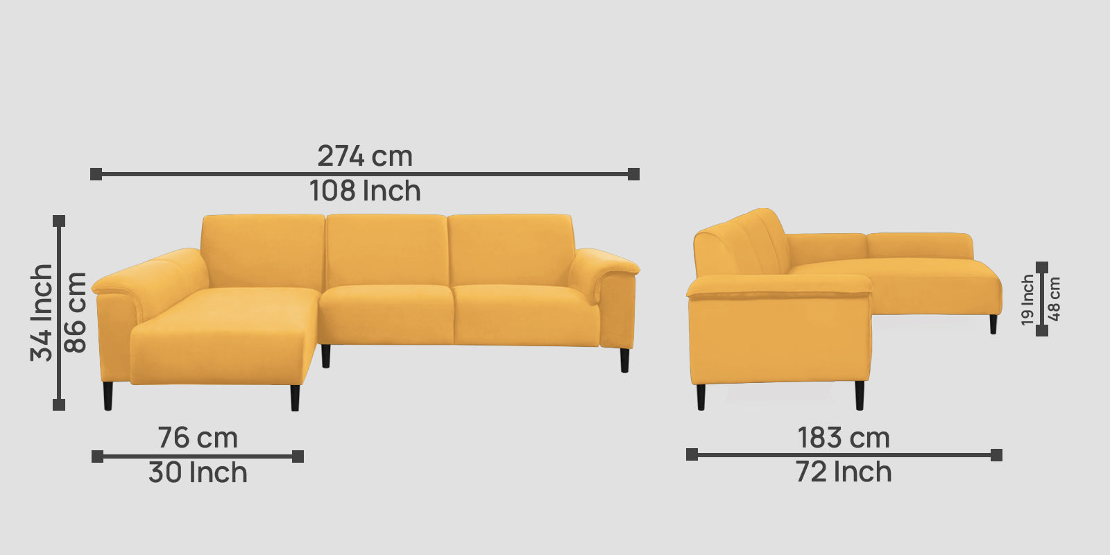 Ocean Velvet RHS Sectional Sofa (2+ Lounger) In Turmeric Yellow Colour - Febonic Living