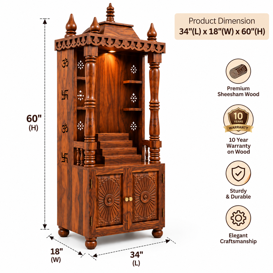 A traditional Indian wooden God Hanuman altar with carved details, a golden statue of Ganesha, and decorative shelves, shown on a white background.