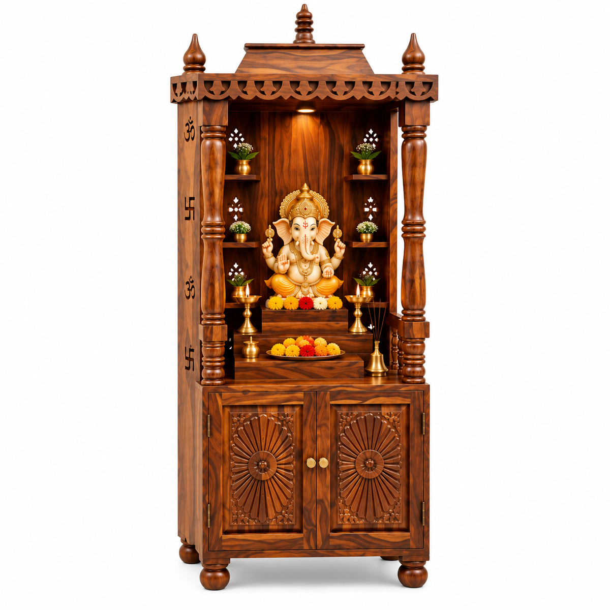A dark brown wooden Hindu home altar (prajapati mandir) featuring a carved Ganesha statue, brass lamps, a bell, and small potted plants, shown on a solid white background.