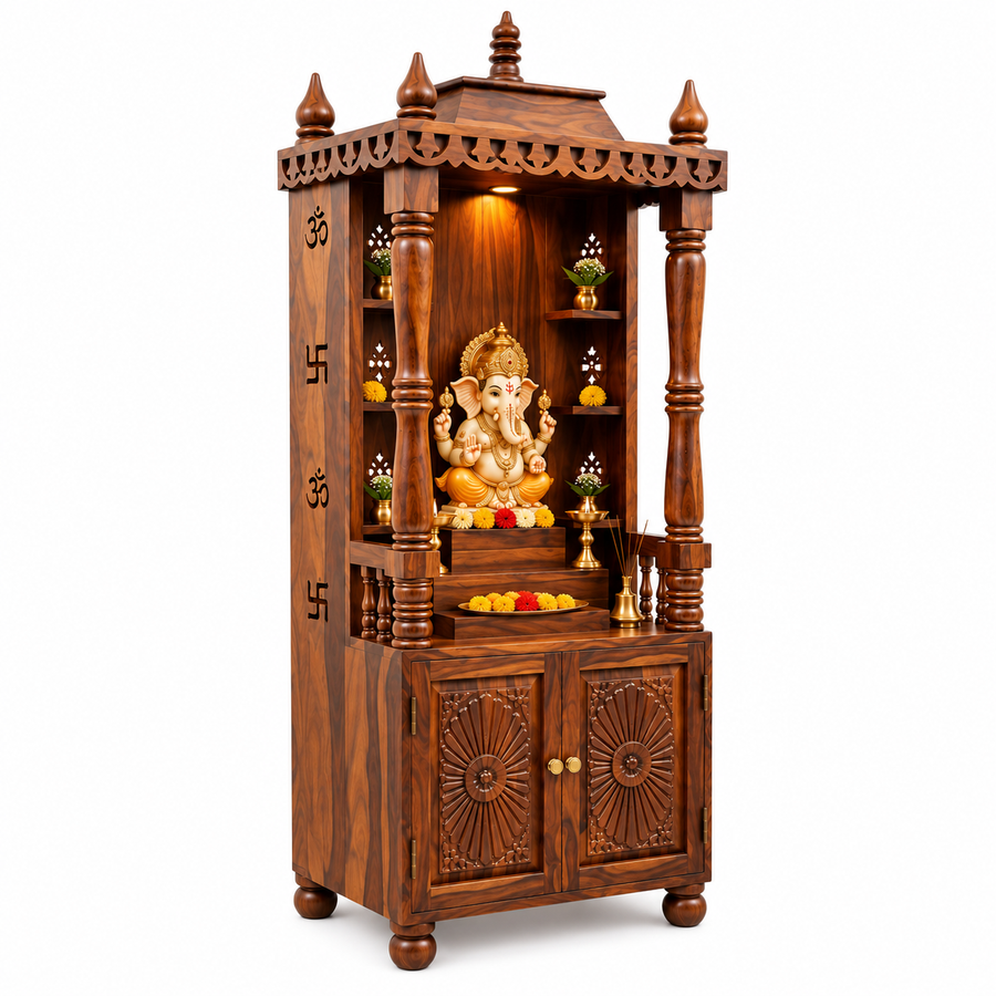 A traditional Indian wooden God Hanuman altar with carved details, a golden statue of Ganesha, and decorative shelves, shown on a white background.