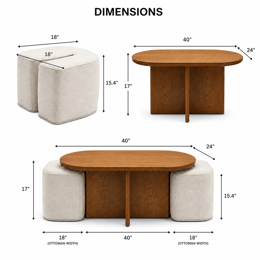 Omora Fabric Coffee Table - Bone Beige - Dimensions by Febonic Living