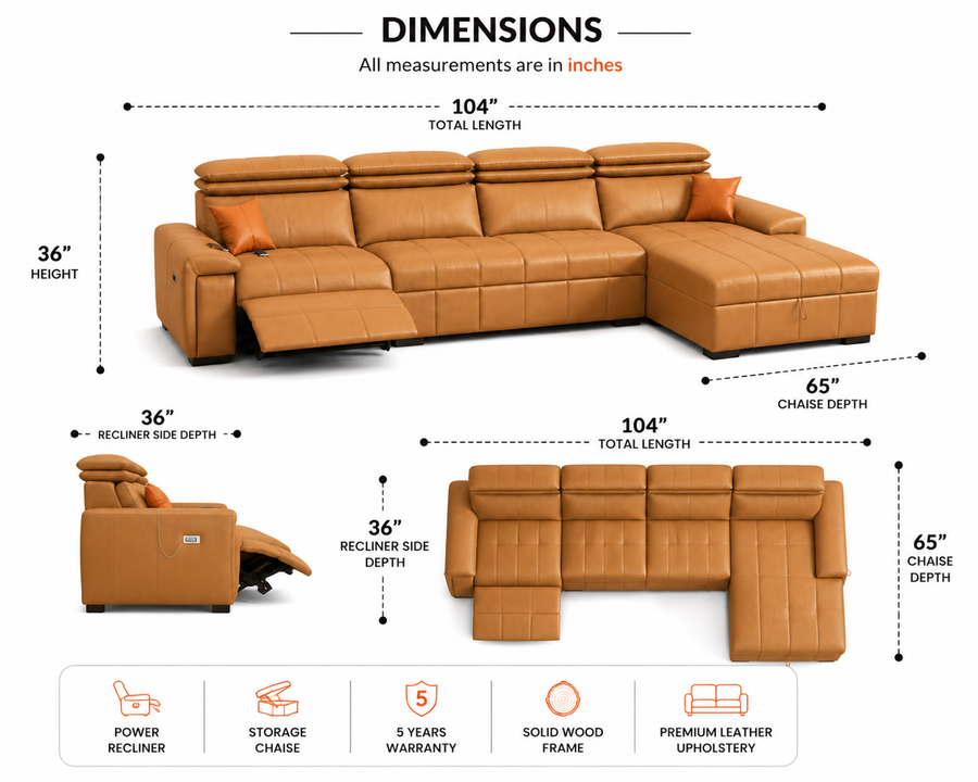 Orvix Premium L-Shaped Leather Recliner Sofa - Tan Brown - Dimensions by Febonic Living