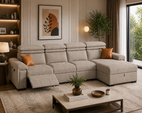 Orvix Premium LHS L-Shaped Fabric Sofa with Recliner - Warm Ivory Beige