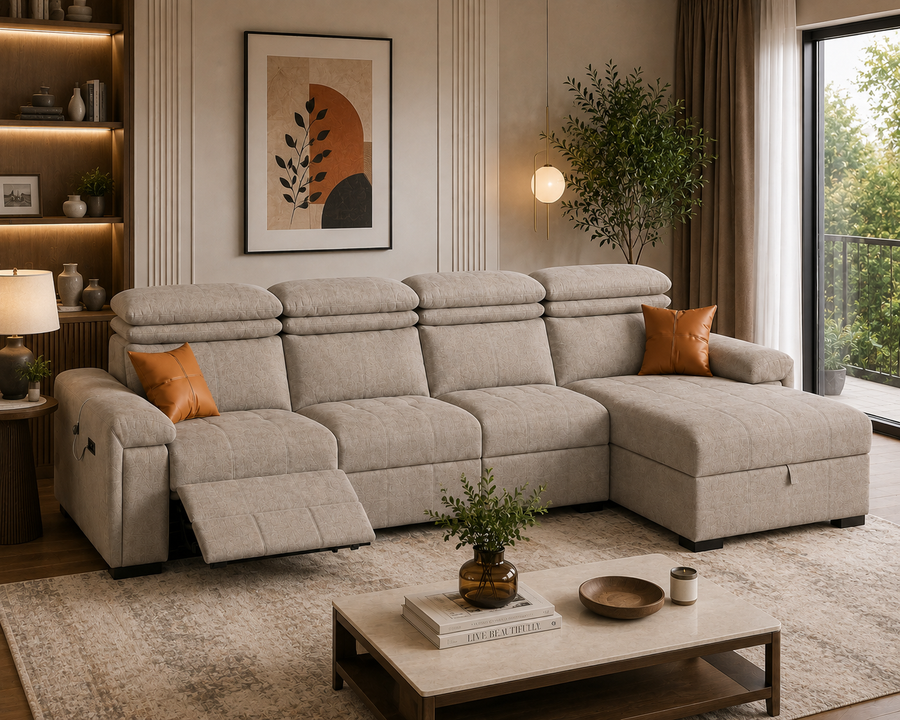 Orvix Premium LHS L-Shaped Fabric Sofa with Recliner - Warm Ivory Beige - Living View by Febonic Living