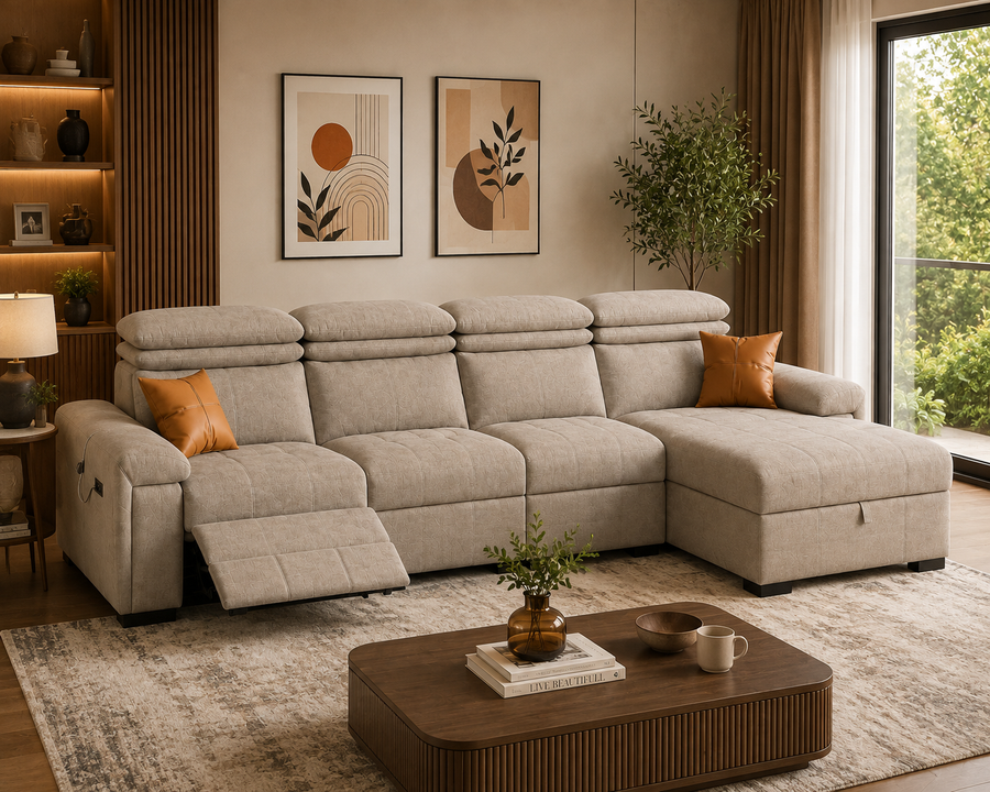 Orvix Premium LHS L-Shaped Fabric Sofa with Recliner - Warm Ivory Beige - Living View 1 by Febonic Living