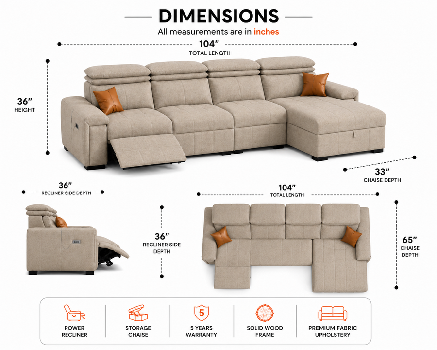 Orvix Premium LHS L-Shaped Fabric Sofa with Recliner - Warm Ivory Beige -  Dimensions by Febonic Living