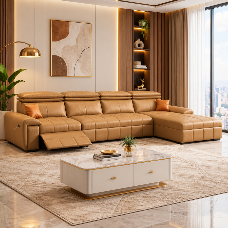 Orvix Premium LHS L-Shaped Sofa with Recliner - Tan Brown  - Living View by Febonic Living