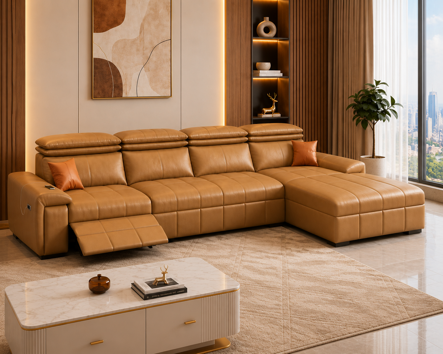 Orvix Premium LHS L-Shaped Sofa with Recliner - Tan Brown  - Living View 1 by Febonic Living