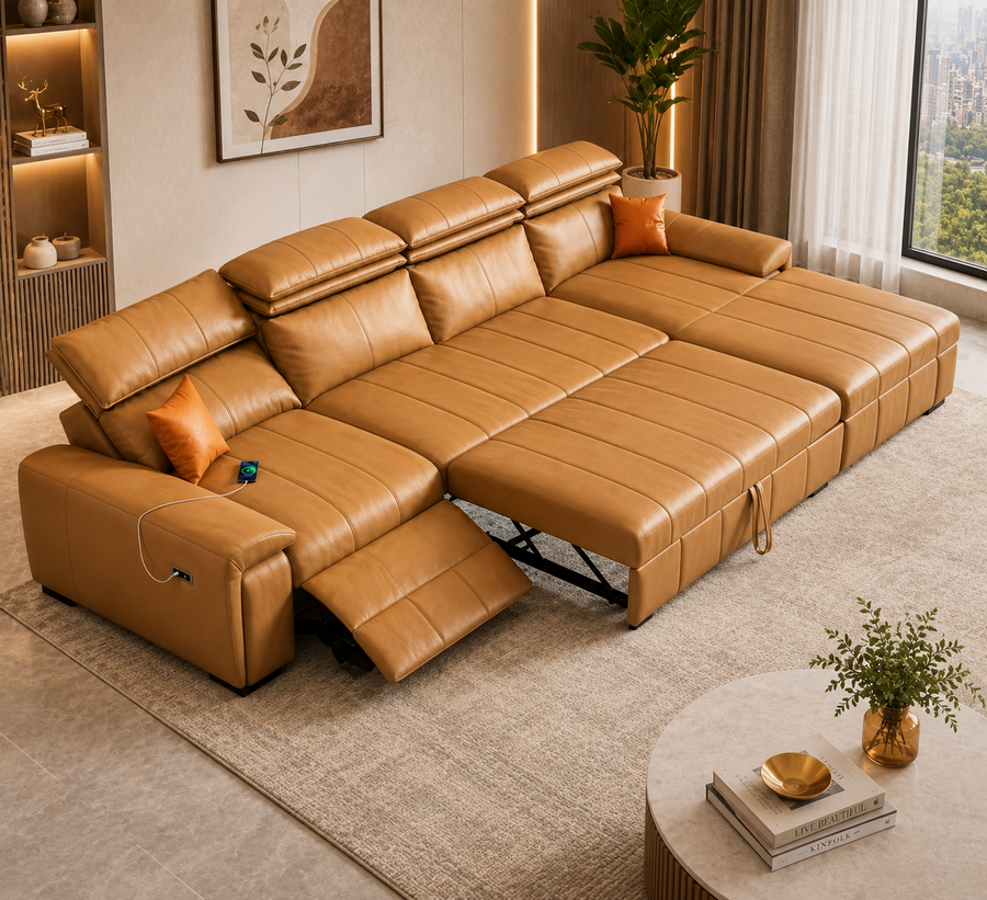 Orvix Premium LHS L-Shaped Sofa with Recliner - Tan Brown  - Top Full View by Febonic Living