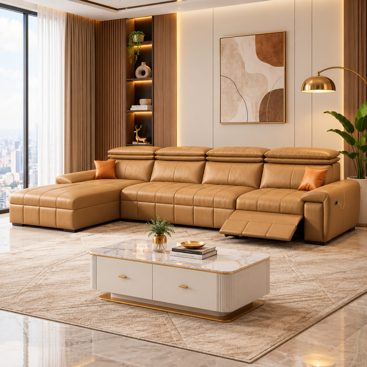 Orvix Premium RHS L-Shaped Sofa with Recliner - Tan Brown  - Living View by Febonic Living
