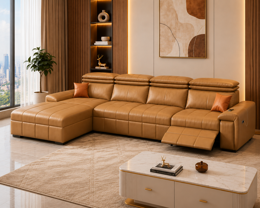 Orvix Premium RHS L-Shaped Sofa with Recliner - Tan Brown  - Living View 1 by Febonic Living