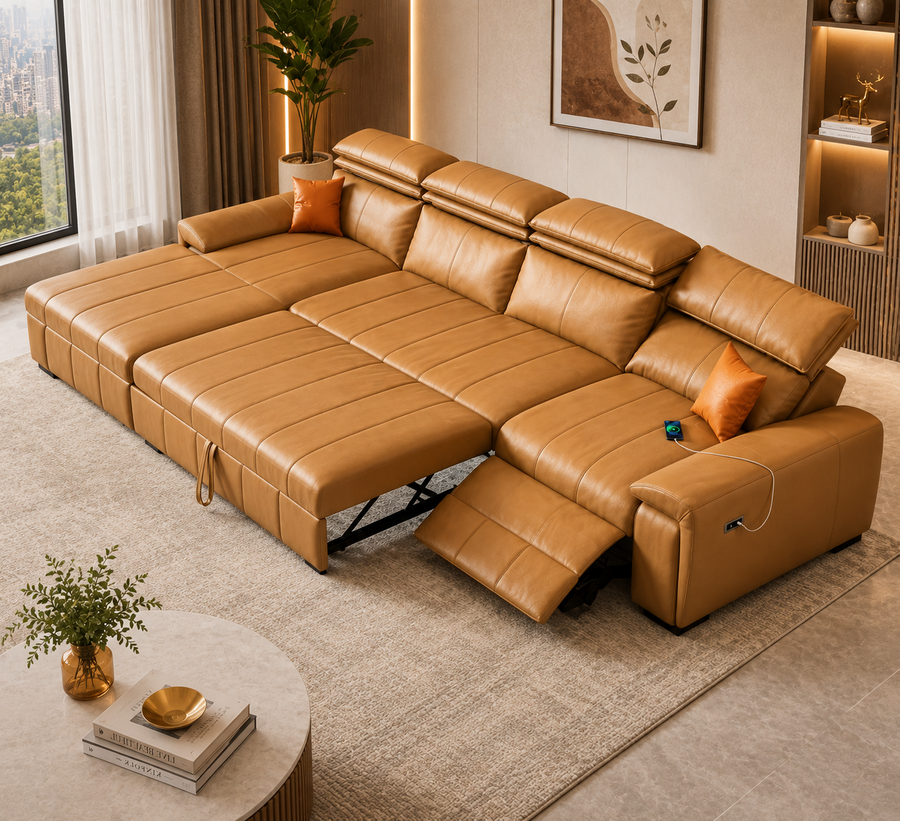 Orvix Premium RHS L-Shaped Sofa with Recliner - Tan Brown  - Top Full View by Febonic Living