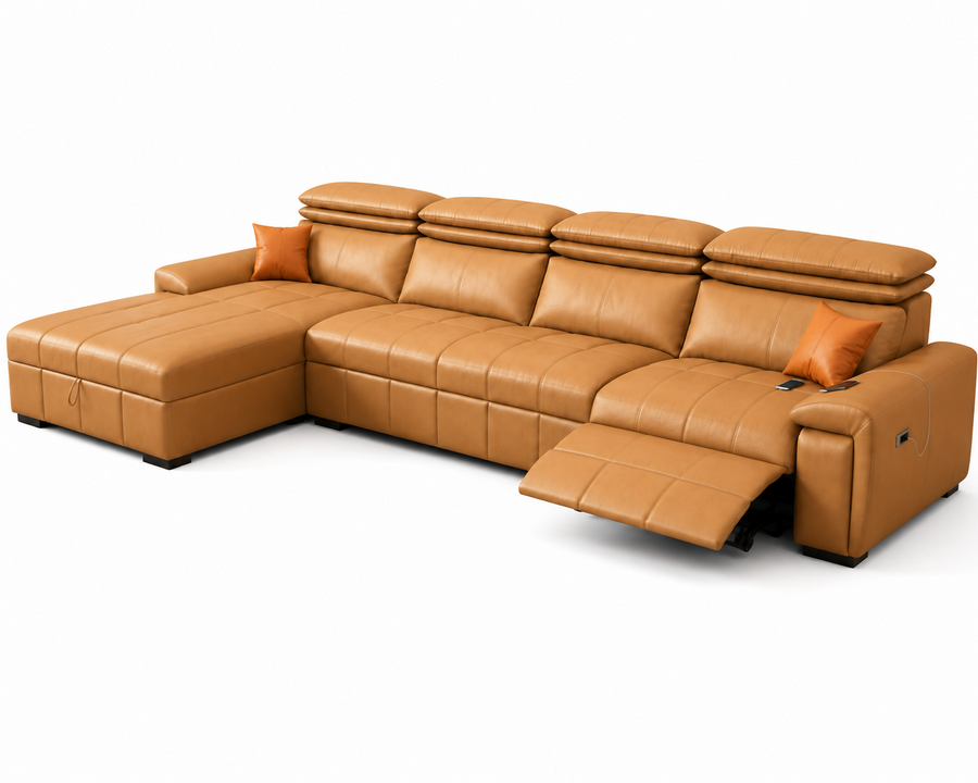 Orvix Premium RHS L-Shaped Sofa with Recliner - Tan Brown  - Clear View by Febonic Living
