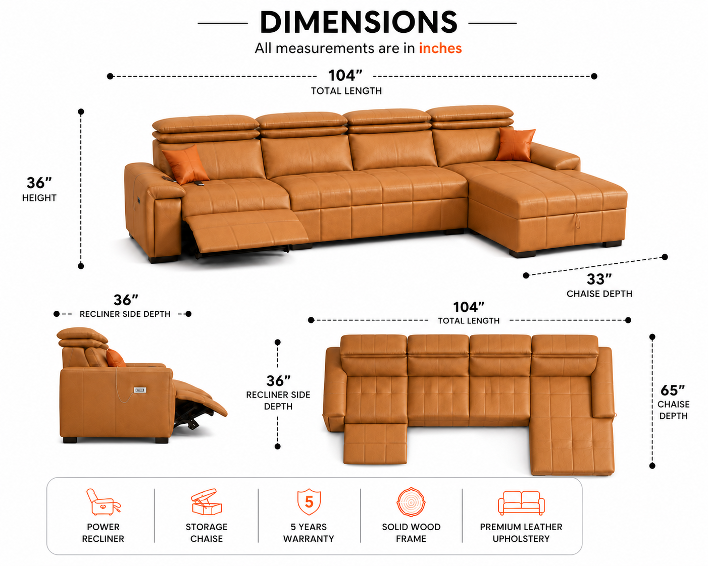 Orvix Premium RHS L-Shaped Sofa with Recliner - Tan Brown  - Dimensions by Febonic Living
