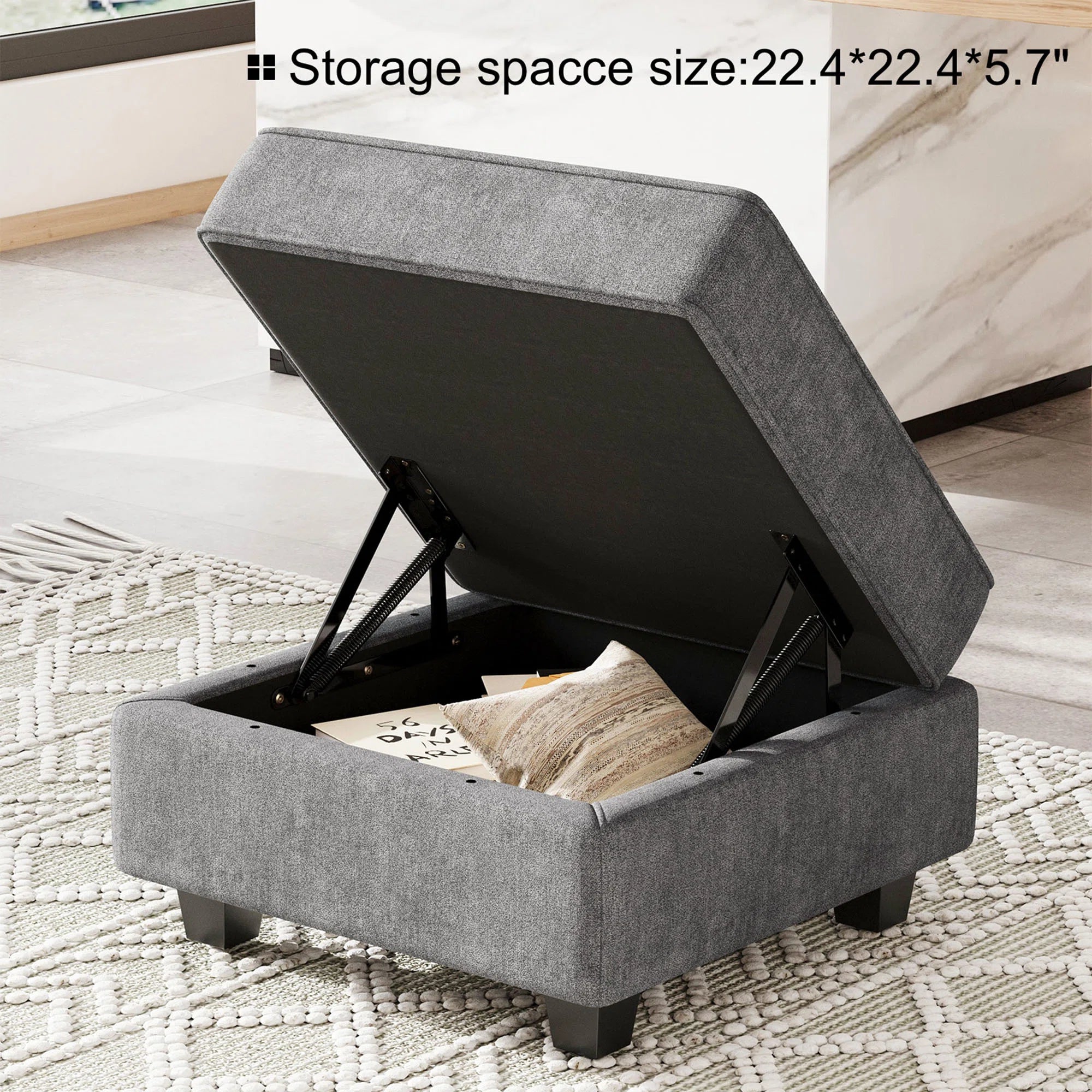 Ottro Fabric Ottoman In Charcoal Grey Colour With Storage