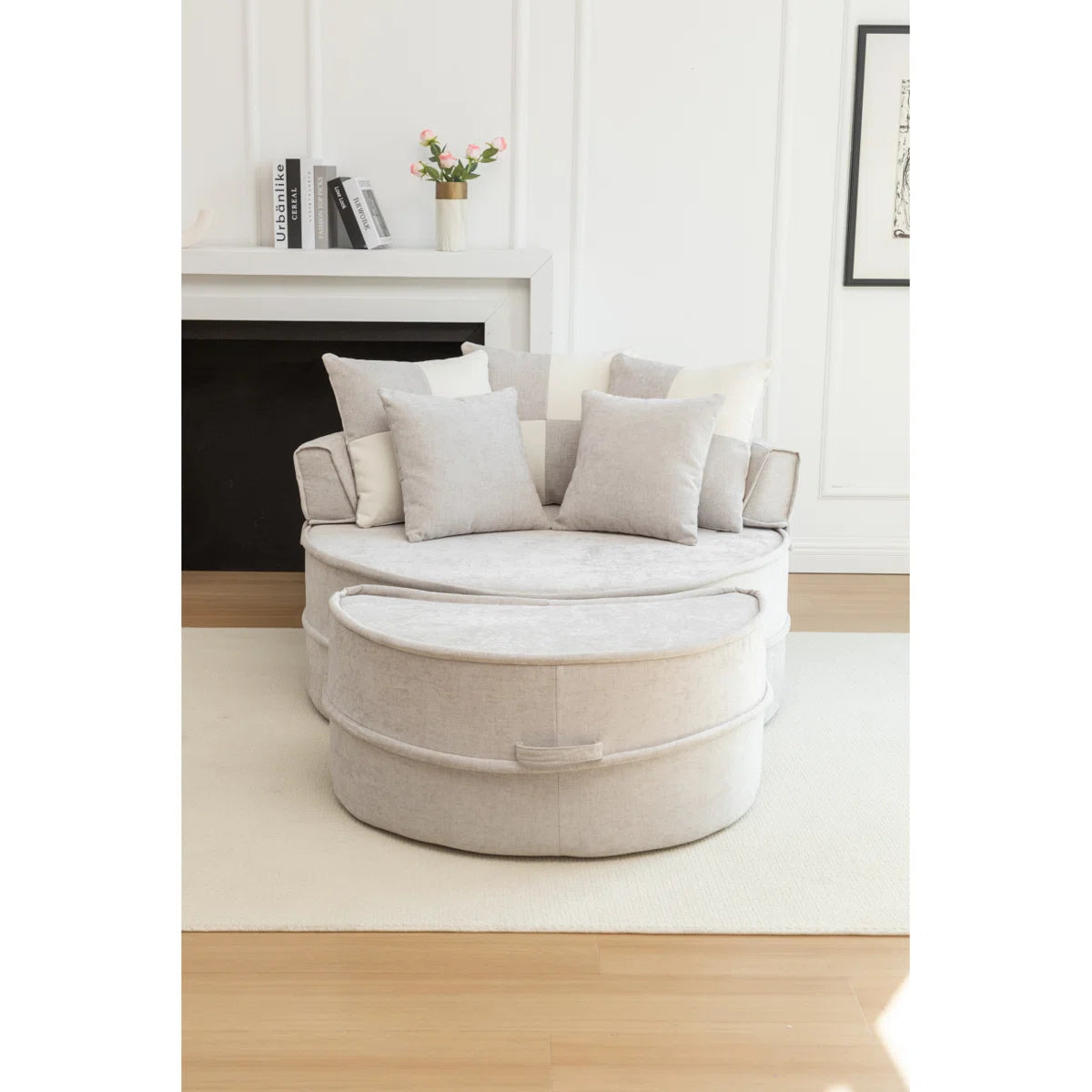 Aether Fabric Round Barrel Chair With Ottoman In Lit Grey Colour