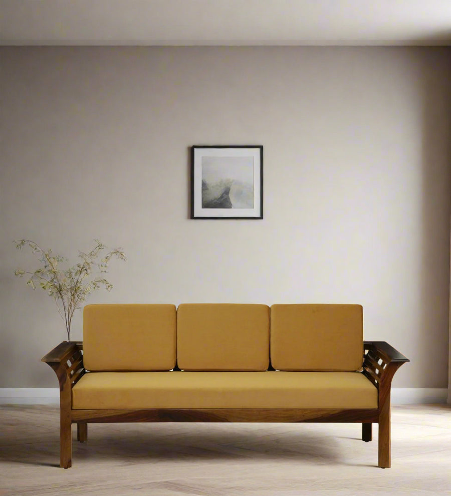 Jota Sheesham Wood 3 Seater Sofa In Mustard by Febonic Living
