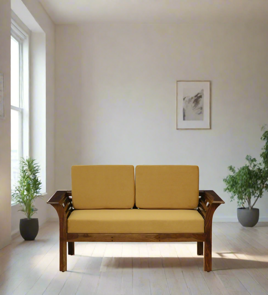 Jota Sheesham Wood 2 Seater Sofa In Mustard Colour by Febonic Living