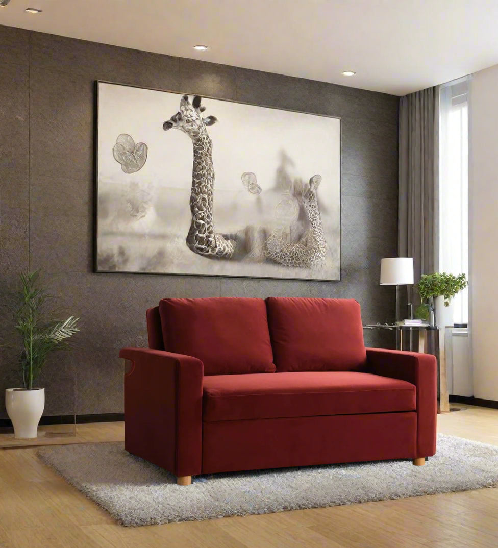 Tavo Velvet 2 Seater Pull Out Sofa Cum Bed In Ox Blood Maroon Colour