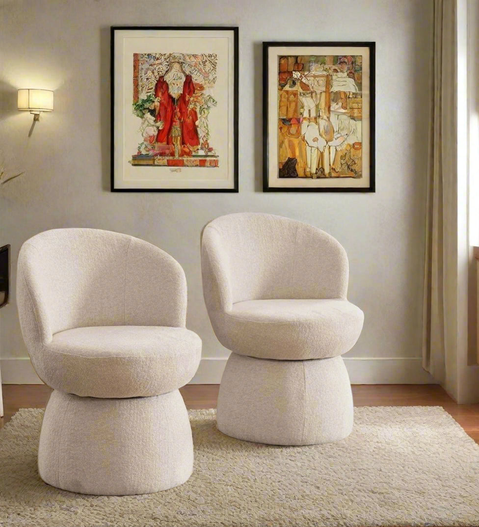 Nuvi Boucle Fabric Swivel Chair In Shell White Colour (Set of 2)