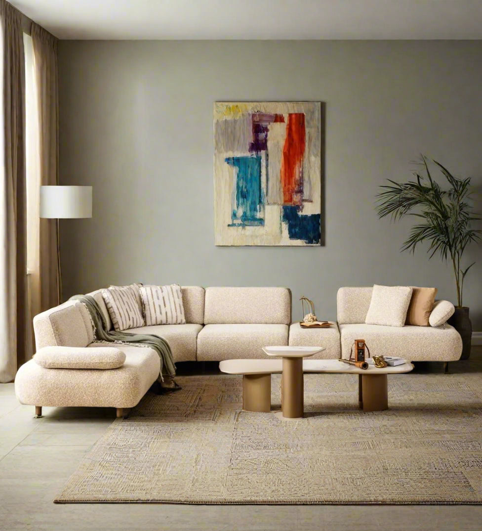 Elf Boucle Fabric 6 Seater Corner Sofa In Mushroom Grey Colour