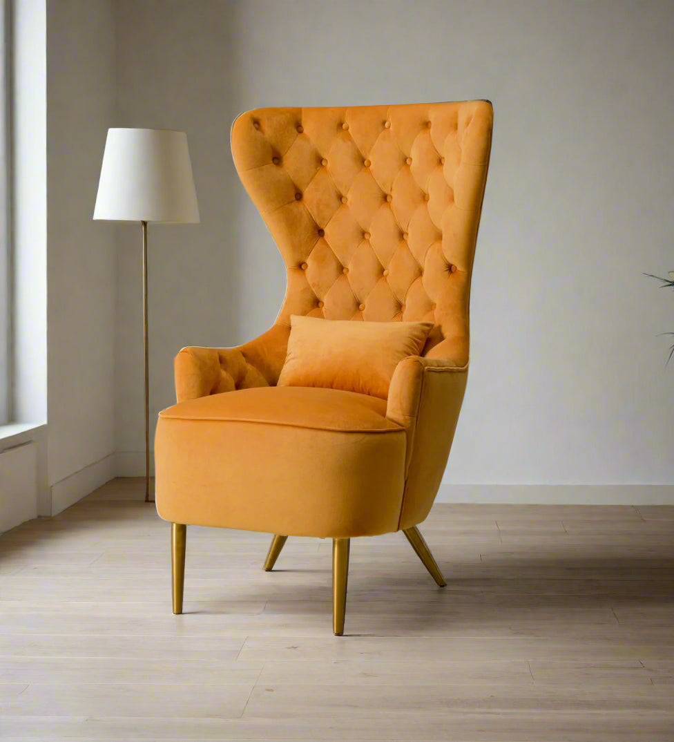 Metro Velvet Wing Chair In Tangerine Orange Colour