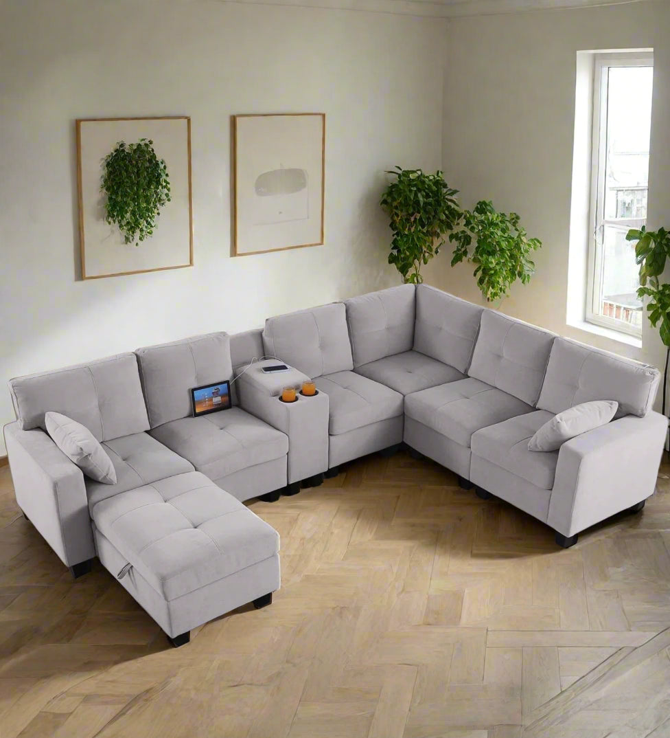 Tryston Fabric Corner Sofa With Storage Ottoman In Lit Grey Colour