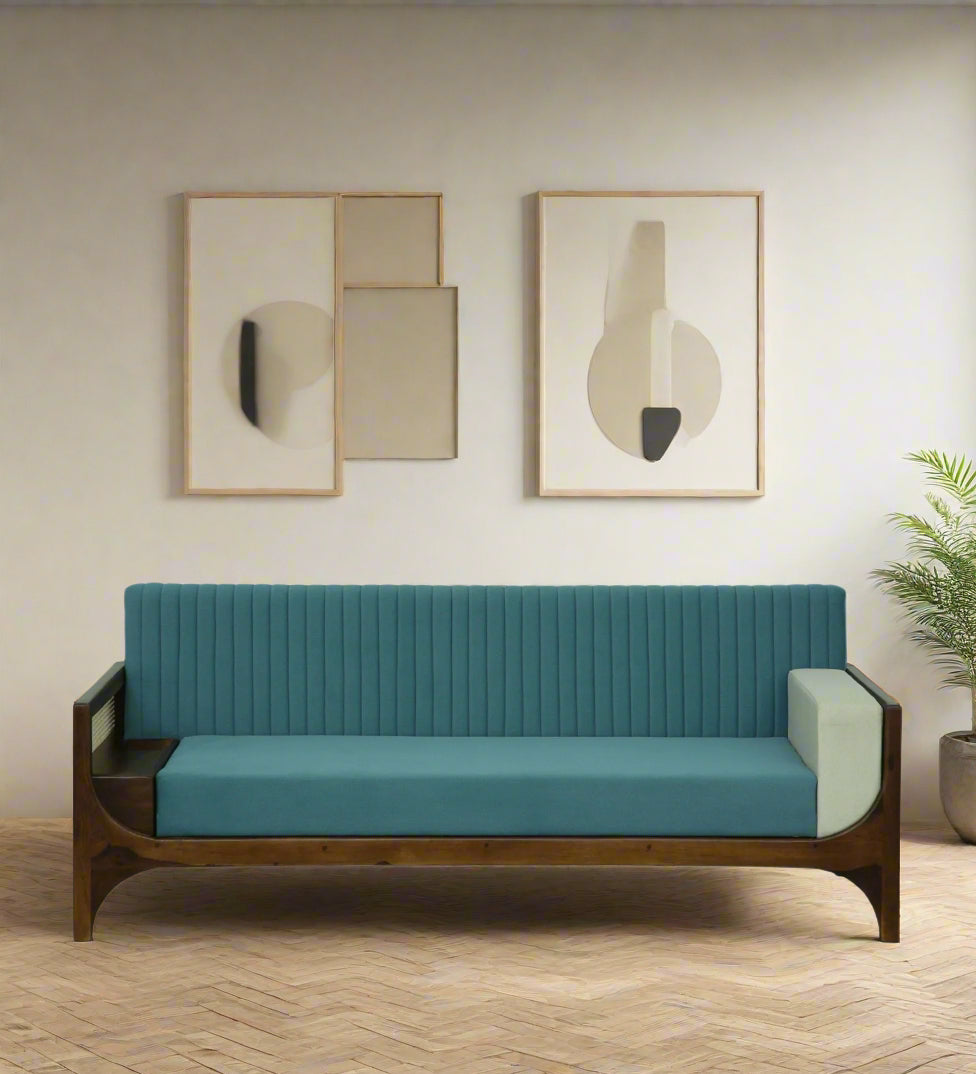 Oslo Sheesham Wood 3 Seater Sofa In Blue Colour