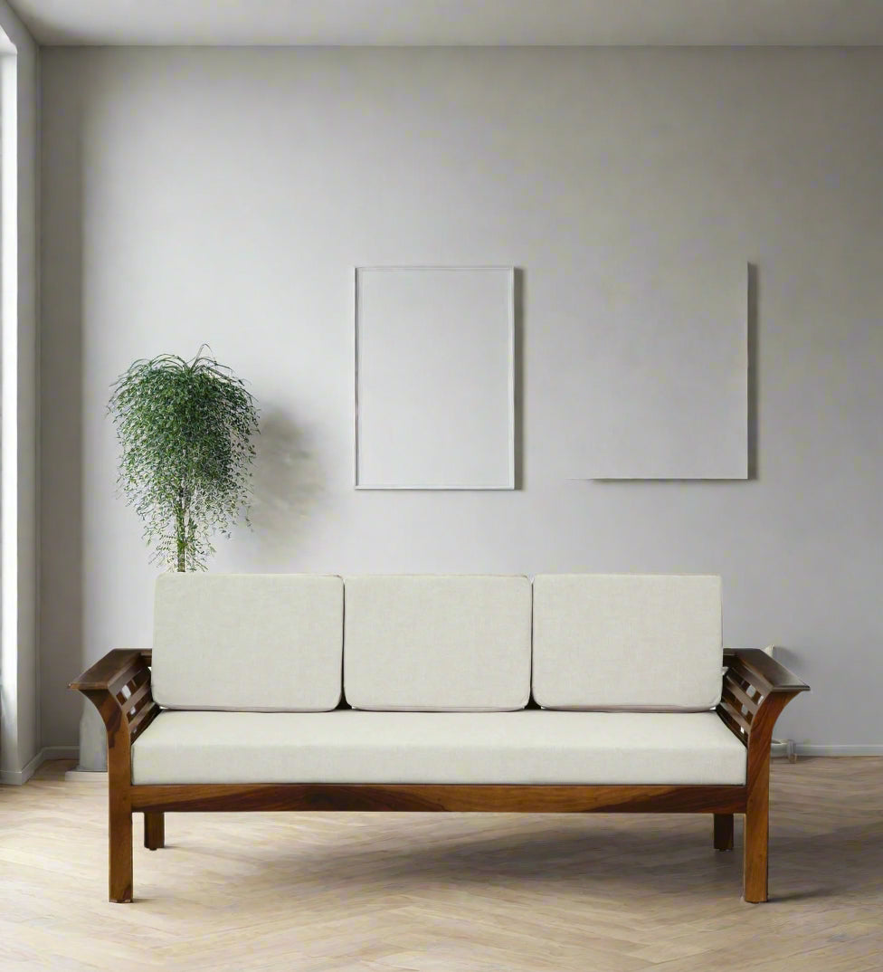 Jota Sheesham Wood 3 Seater Sofa In Beige Colour