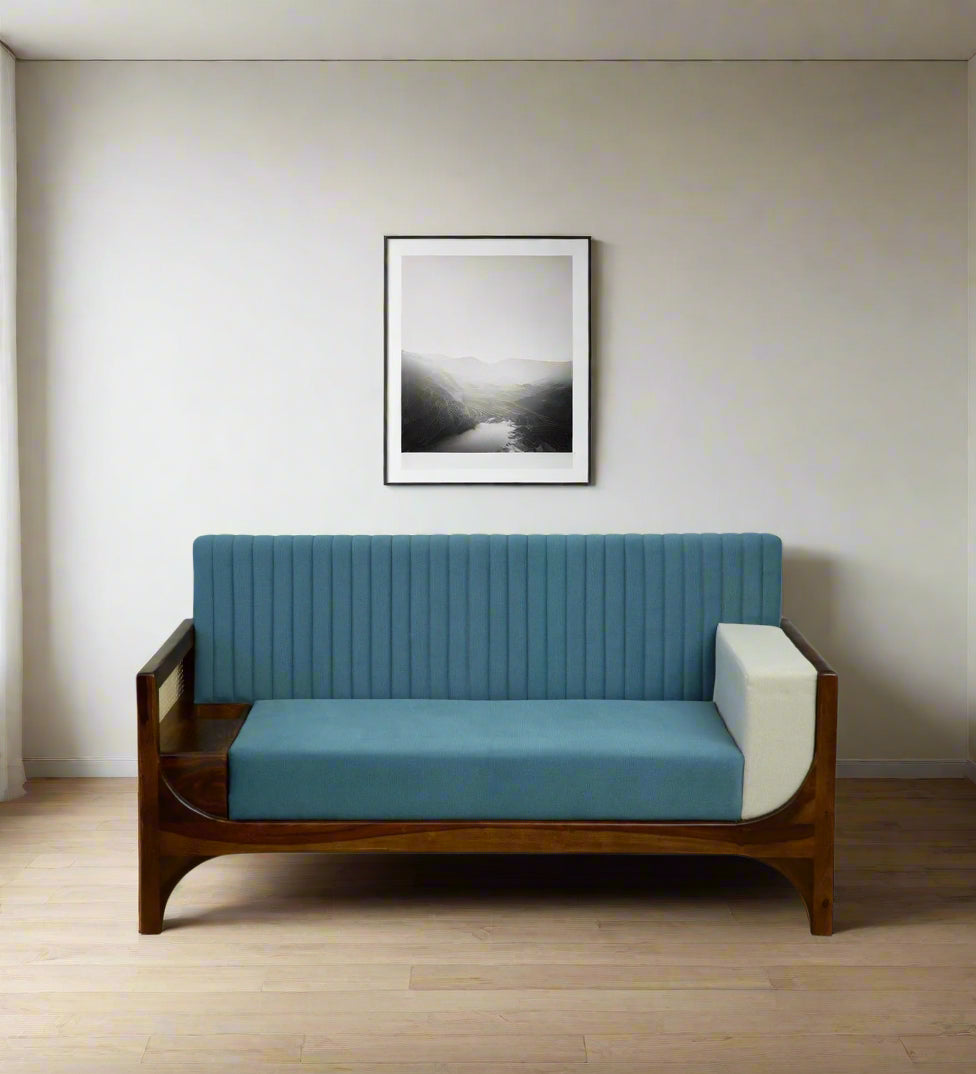 Oslo Sheesham Wood 2 Seater Sofa In Blue Colour