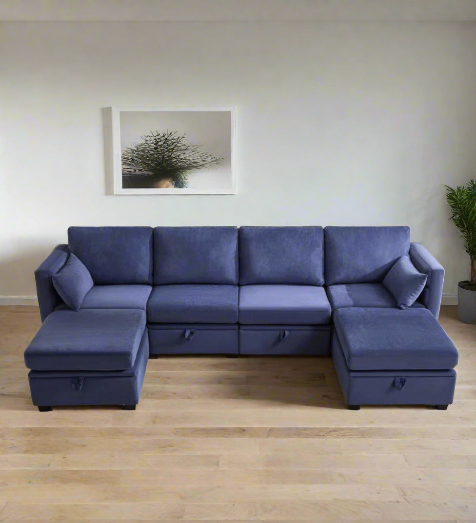 Vintel Fabric 6 Seater Modular Sectional Sofa With Reversible Ottomans In Royal Blue Colour