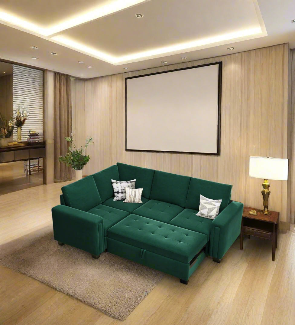 Miro Velvet 4 Seater Pull Out Sofa Cum Bed In Amazon Green Colour